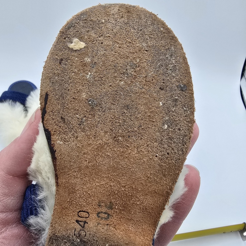 Vtg Antique Children Girls Shoes Blue Satin Fur Classy Formal Sandals - Picture 7 of 8